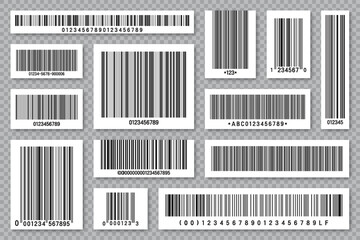 Set of product barcodes. Identification tracking code. Serial number, product ID with digital information. Store or supermarket scan labels, price tag. Vector illustration.