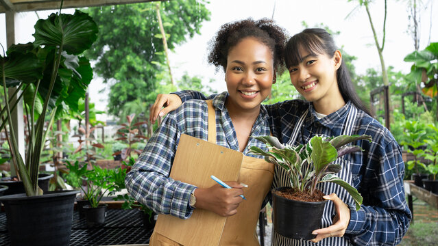 Portrait of mixed-races beautiful women partner owner standing in own tree shop and smiling to camera. Asian and African American females business partners working garden store. Business concept.
