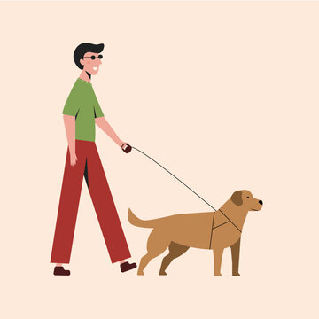 Blind man walking with a guide dog. Vector isolated on white backgroung