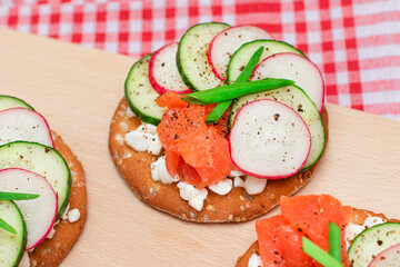 Crispy Cracker Sandwiches with Fresh Salmon, Cucumber, Radish, Cottage Cheese and Green Onions. Easy Breakfast. Quick and Healthy Sandwiches. Crispbread with Tasty Filling. Healthy Dietary Snack