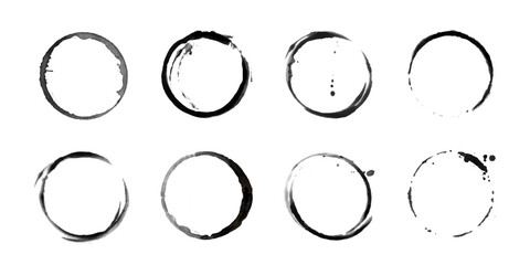 Coffee cup circle black vector stains. Round ring grunge stain. Wet cup mark and splatter. Black ink circle stains. Bottle glass or water drink marks - obrazy, fototapety, plakaty
