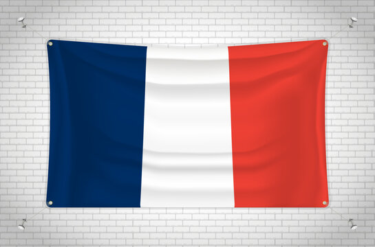 France flag hanging on brick wall. 3D drawing. Flag attached to the wall. Neatly drawing in groups on separate layers for easy editing.