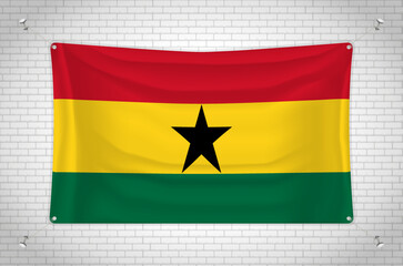 Ghana flag hanging on brick wall. 3D drawing. Flag attached to the wall. Neatly drawing in groups on separate layers for easy editing.