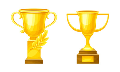 Winner Yellow Cup Award and Trophy on Pedestal for Successful Competition Vector Set