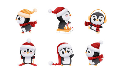 Adorable Penguin in Warm Winter Hat and Scarf Engaged in Different Activity Vector Set