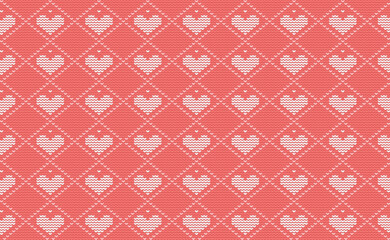 Heart Knitted Pattern Vector, White and Red Love Embroidery Continuous Background, Cloth Classic texture