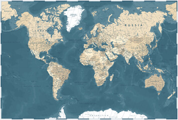 World Map - Dark Vintage Political - Vector Detailed Illustration