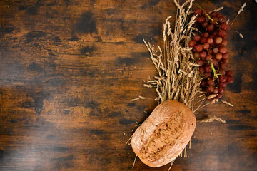 Autumn Still Life Loaf Grains Grapes to the Right