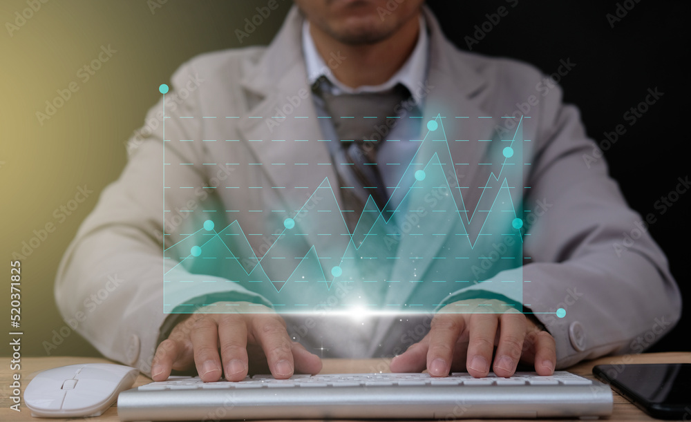 Aufkleber businessman trader displaying a glowing virtual technical investment graph chart for stock market, b