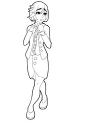 Cute office worker girl drawn in anime and manga cartoon style stands and holds a mug in her hands, she is dressed in an office suit outline drawing coloring book