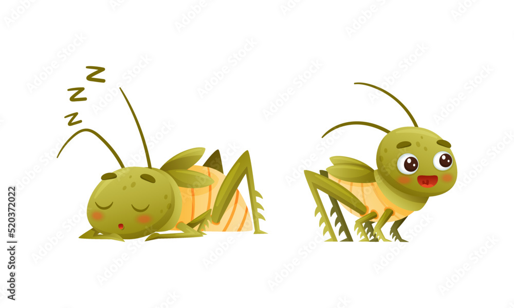 Poster cute little grasshopper character standing and sleeping vector set