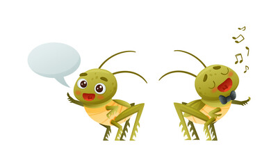 Cute Little Grasshopper Character Saying Greeting and Singing Vector Set