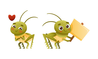 Cute Little Grasshopper Character Feeling Love and Holding Empty Signboard Vector Set