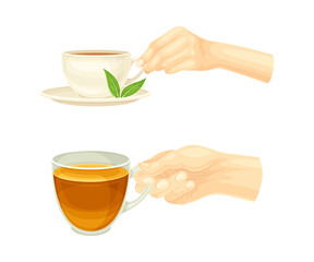 Male and Female Hands Holding Cup with Hot Aromatic Herbal Tea Vector Set