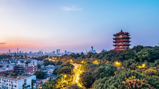 Day to night time-lapse photography of Yellow Crane Tower scenery in Wuhan, Hubei, China