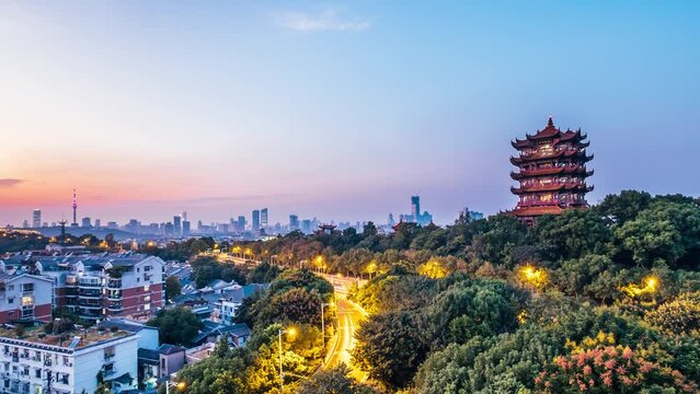 Day to night time-lapse photography of Yellow Crane Tower scenery in Wuhan, Hubei, China