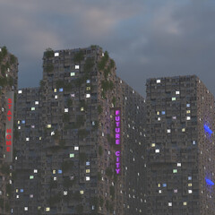 Eco friendly high rise building with neon night in a futuristic city. 3d rendering