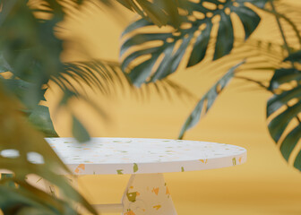 Marble white Table on tropical trees background for product placement 3d render  