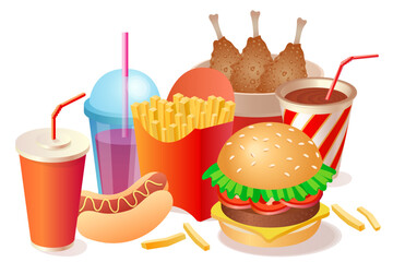 Fast food set with drinks, burger, hot dog, chicken and potato free.