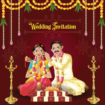 Indian Tamil wedding invitation bride and groom in Traditional tying knot wedding ritual