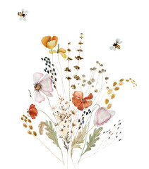 Wildflowers, herbs boho bouquet painted in watercolor. Dried pampas grass floral border, frame. Botanical boho elements isolated on white. Wedding invitation, greeting, card, print, scrapbooking