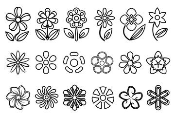 Line art flowers illustration. Set of outline flowers with black thin line isolated on white background.