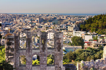 View of Odeon of Herodes Atticus from Acropolis and the city, Athens, Greece