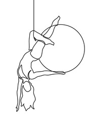 Continuous one line drawing a female acrobat performs on the trapeze with her legs hanging and head down while swinging her hand. Brave and agile. Single line draw design vector graphic illustration.