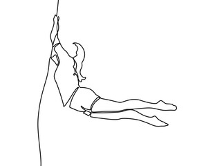 Continuous one line drawing a female acrobat performs on the trapeze with her legs hanging and head down while swinging her hand. Brave and agile. Single line draw design vector graphic illustration.