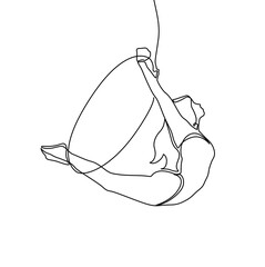 Continuous one line drawing a female acrobat performs on the trapeze with her legs hanging and head down while swinging her hand. Brave and agile. Single line draw design vector graphic illustration.