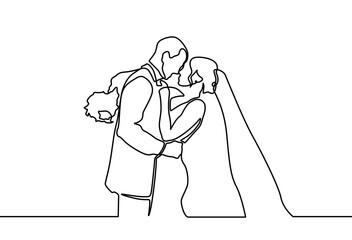One continuous drawn line wedding drawn from the hand picture silhouette. line art. The characters of the bride and groom of the husband and wife are married.