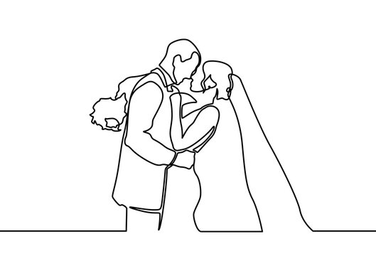One continuous drawn line wedding drawn from the hand picture silhouette. line art. The characters of the bride and groom of the husband and wife are married.