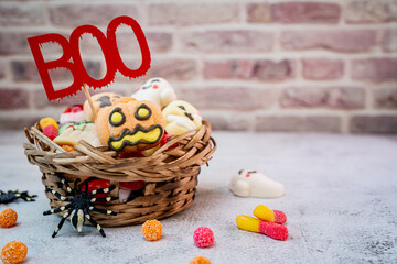 Happy Halloween with candy and pumpkin for party. trick or treat at in autumn season.