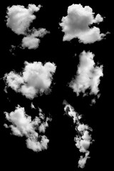 Group of clouds white fluffy for design on a isolated elements black background.