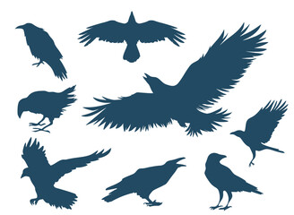 Set of eight crows silhouettes