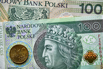 polski banknot i moneta euro , Polish banknote and euro coin