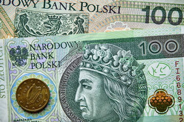 polski banknot i moneta euro , Polish banknote and euro coin
