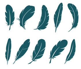 Set of eight silhouettes of bird feathers