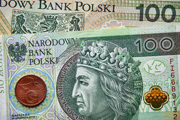 polski banknot i moneta euro ,Polish banknote and euro coin