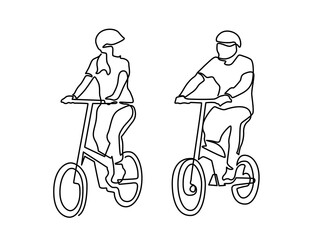 Fototapeta na wymiar Continuous line drawing of happy woman and man cycling ride folded bicycle. Young girl and man riding bicycle on the street isolated on white background. Healthy lifestyle concept. Vector illustration