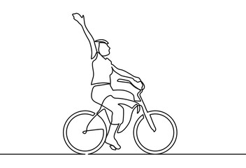 Continuous one line drawing woman girl on a bicycle. One continuous line drawing of a girl riding bicycle. A cute woman enjoy riding her cycle in the morning to exercise. Healthy lifestyle theme