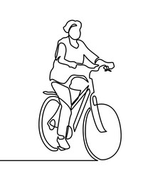 Continuous one line drawing woman girl on a bicycle. One continuous line drawing of a girl riding bicycle. A cute woman enjoy riding her cycle in the morning to exercise. Healthy lifestyle theme