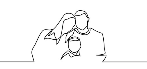 Continuous line drawing of happy family father, mother and one child playing. vector illustration isolated on white background. Continuous line drawing of family holding their children