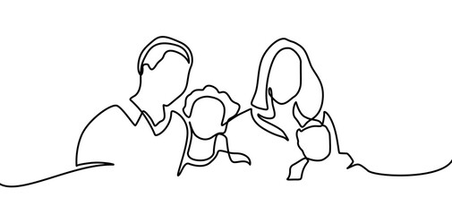Continuous line drawing of happy family father, mother and one child playing. vector illustration isolated on white background. Continuous line drawing of family holding their children