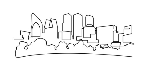 Modern cityscape continuous one line vector drawing. Metropolis architecture panoramic landscape. New York skyscrapers hand drawn silhouette. Apartment buildings isolated minimalistic illustration. - obrazy, fototapety, plakaty