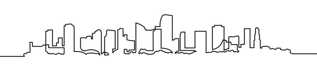 Modern cityscape continuous one line vector drawing. Metropolis architecture panoramic landscape. New York skyscrapers hand drawn silhouette. Apartment buildings isolated minimalistic illustration.