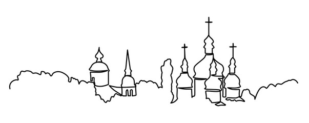 Continuous line vector Christian churches in the woods. One line drawing of churches. Ukraine, Kyiv church vector illustration.