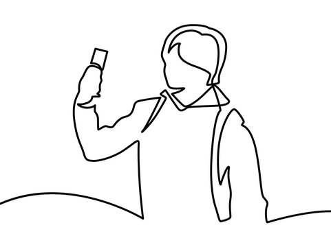Man holds the phone in front of him vertically and looks at it one line drawing. concept of taking a photo, looking for a communication signal, mobile video filming, call video communication