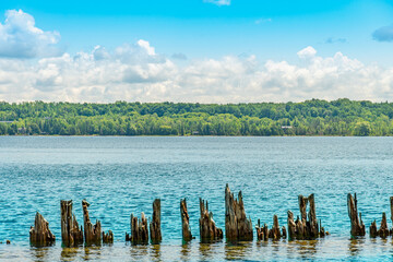 Landscape of the Huron Lake water and old withered wooden dock posts or marina wreck at sunny day in Georgian Bay near Spirit Rock Conservation Area at Wiarton, Ontario, Canada.