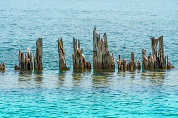 Landscape of the Huron Lake water and old withered wooden dock posts or marina wreck at sunny day in Georgian Bay near Spirit Rock Conservation Area at Wiarton, Ontario, Canada.